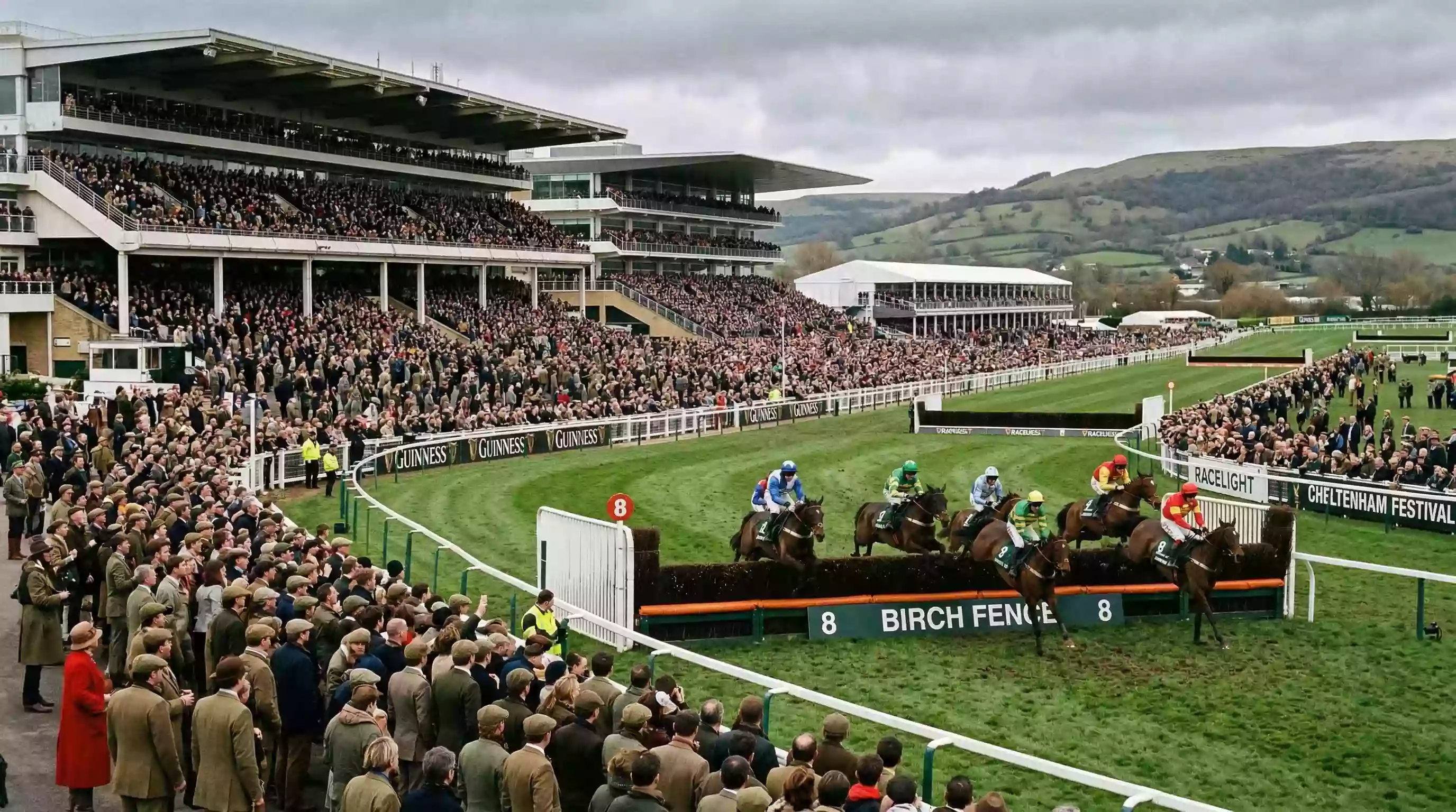 Packed grandstand at Cheltenham Festival with horses jumping a fence in the background
