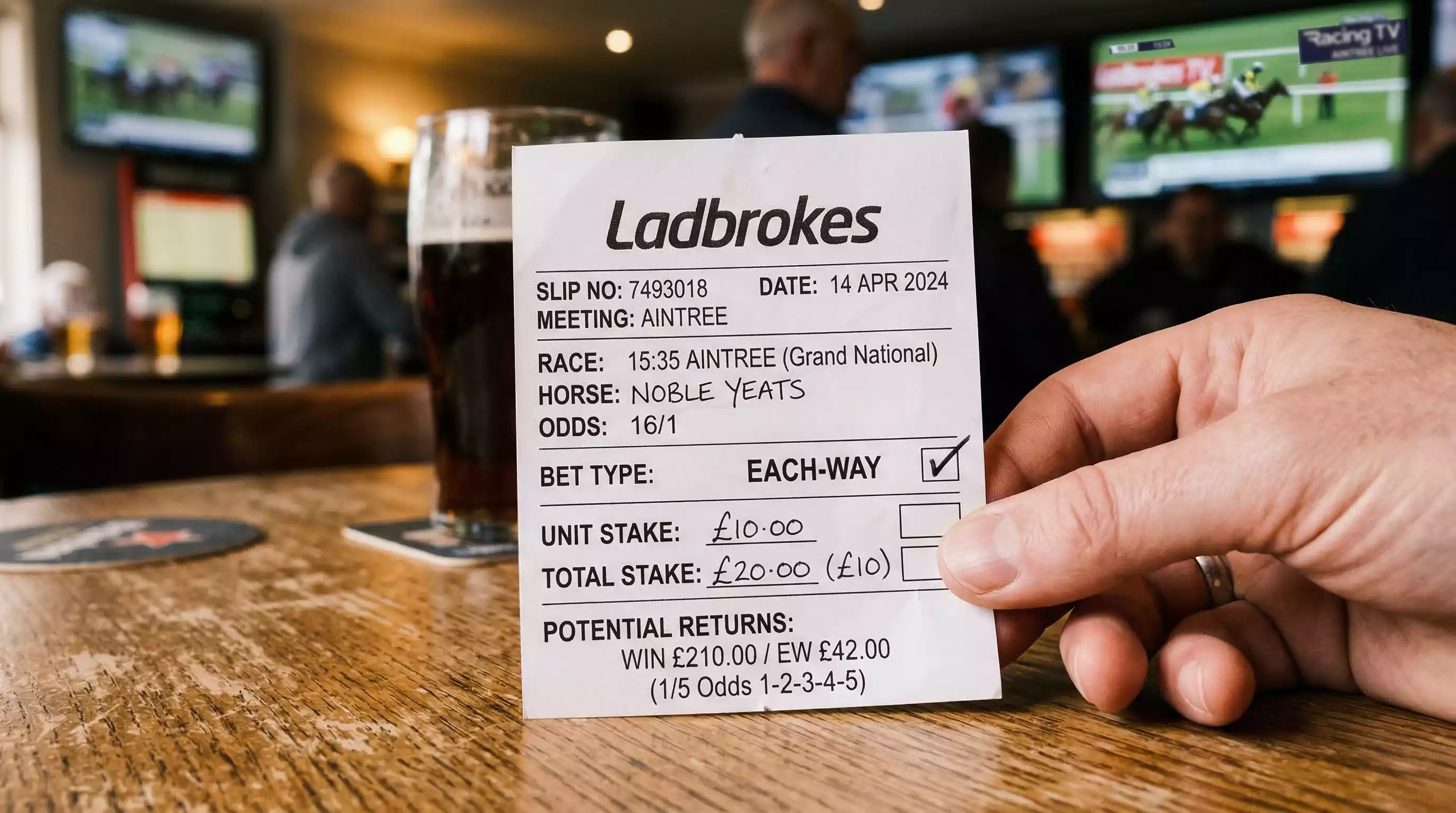 Betting slip showing an each-way wager on a horse race with odds displayed