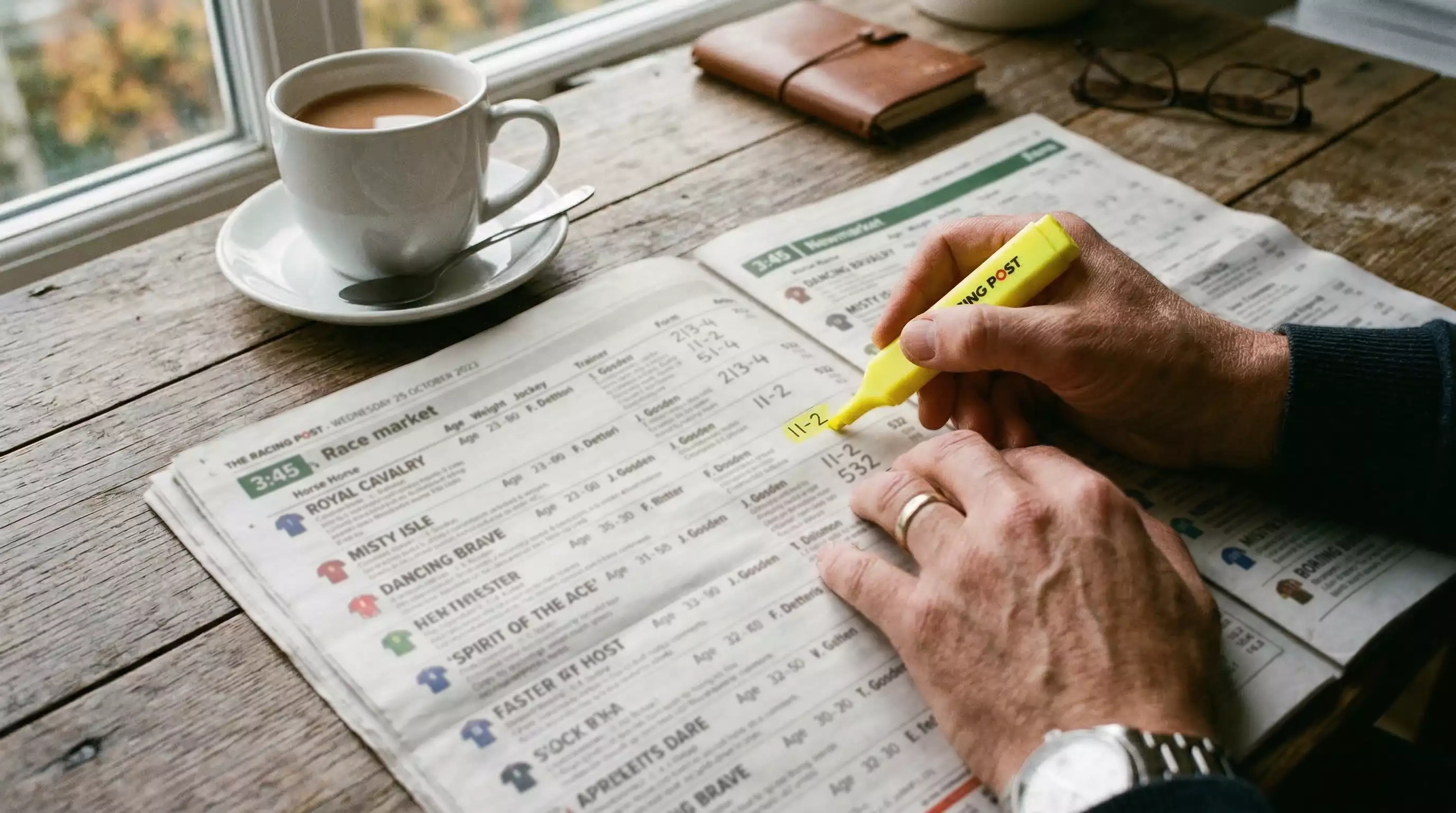 Close-up of a horse racing racecard with form figures and official ratings highlighted