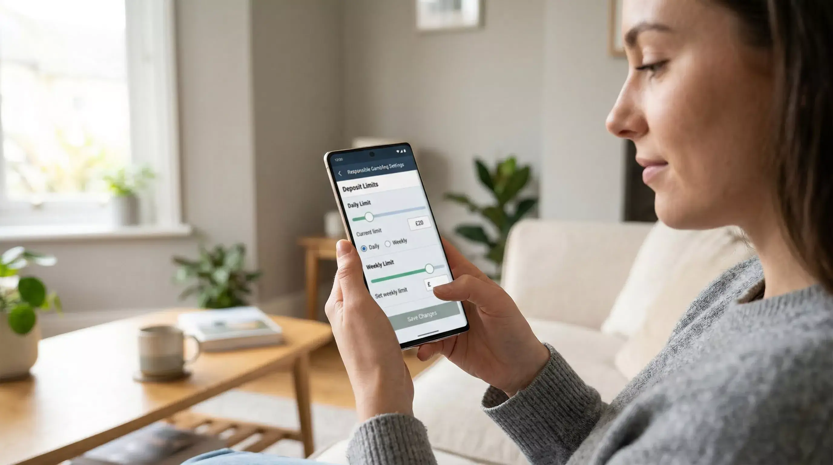 Person setting deposit limits on a mobile betting app with a calm expression