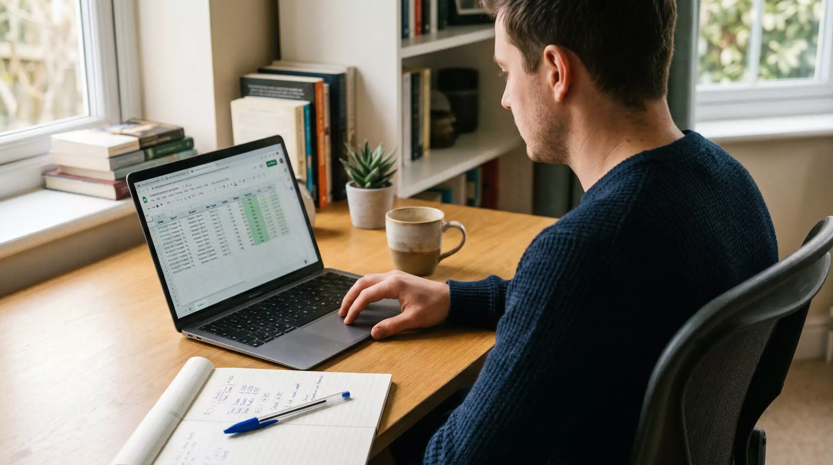 Person reviewing betting results on a laptop with a notepad showing ROI calculations