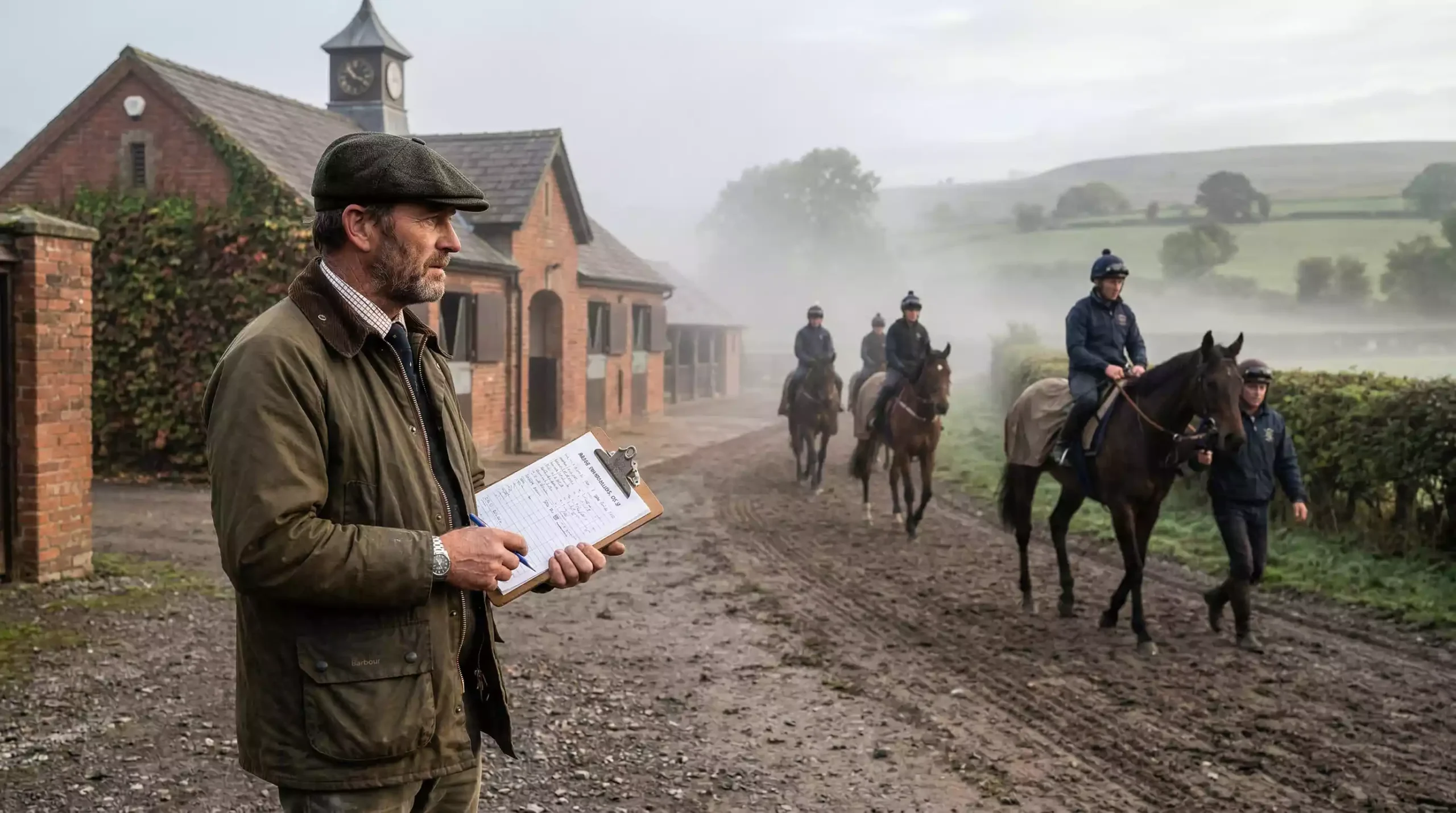UK horse racing trainer with horses at yard