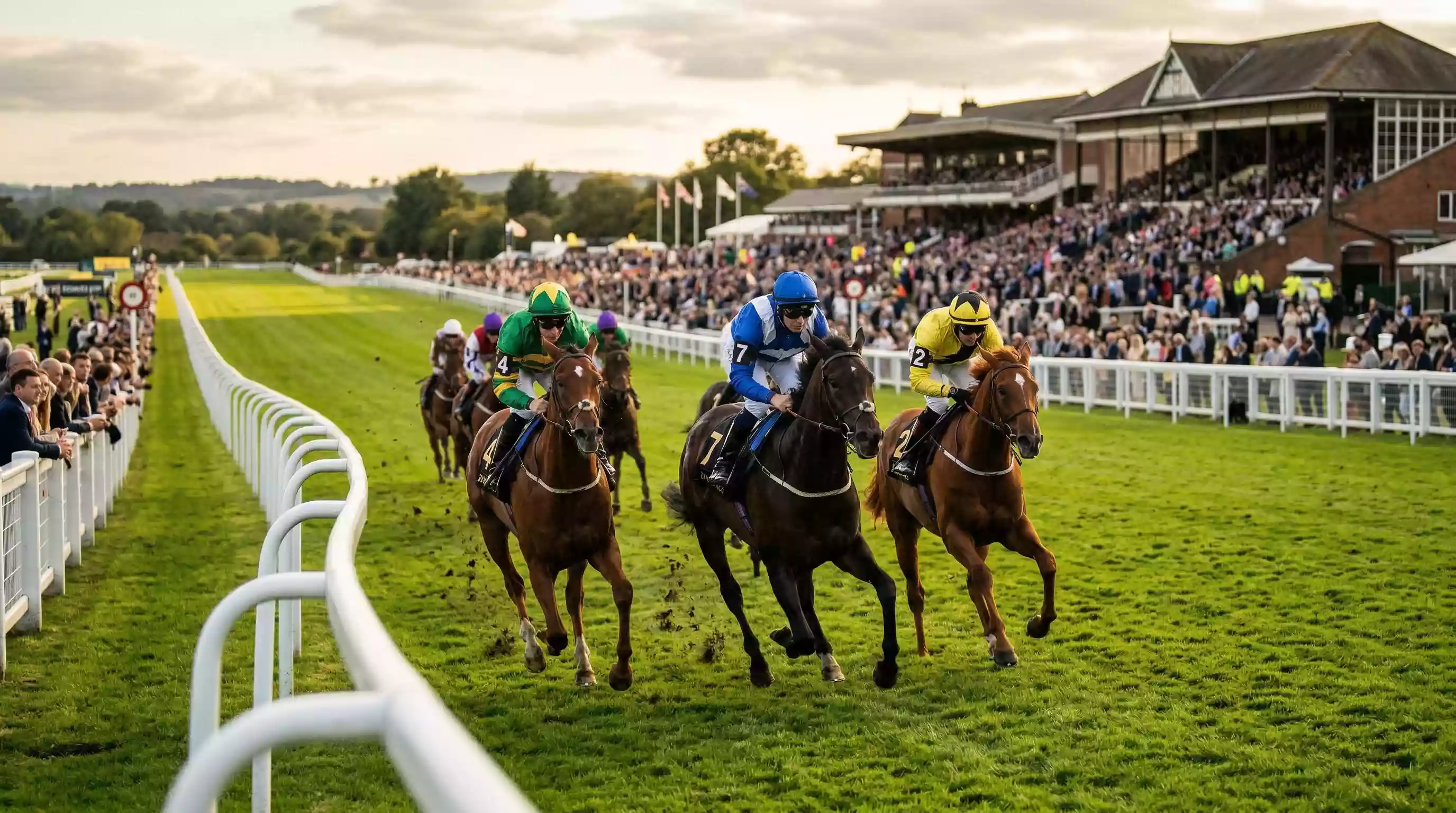 Thoroughbred horses racing on green turf at a British racecourse with jockeys in colourful silks